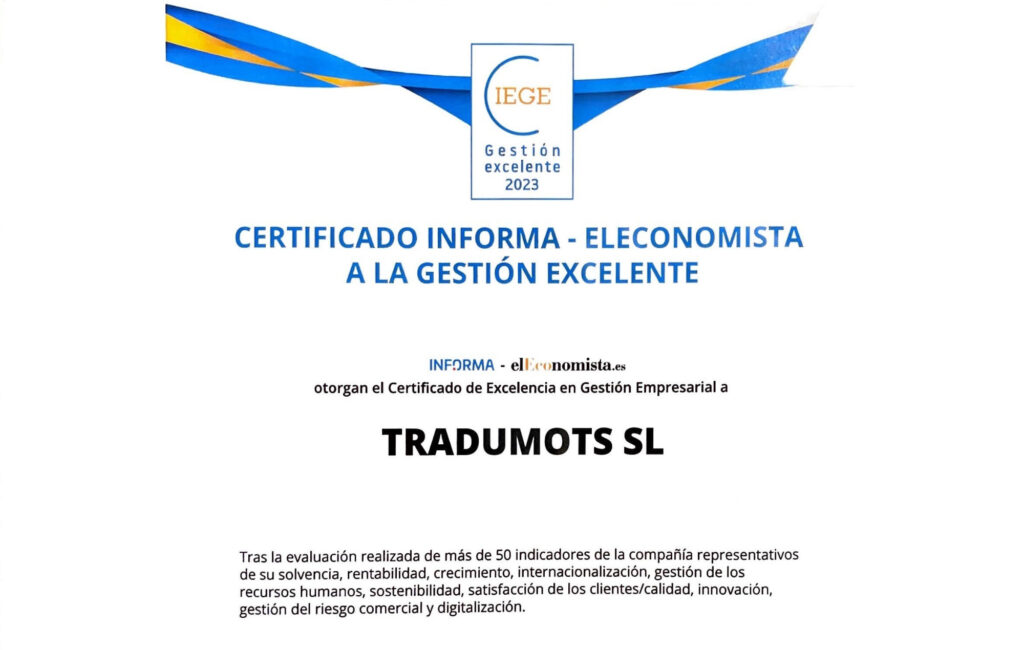 Tradumots recibe el Certificado CIEGE a la Gestión Excelente